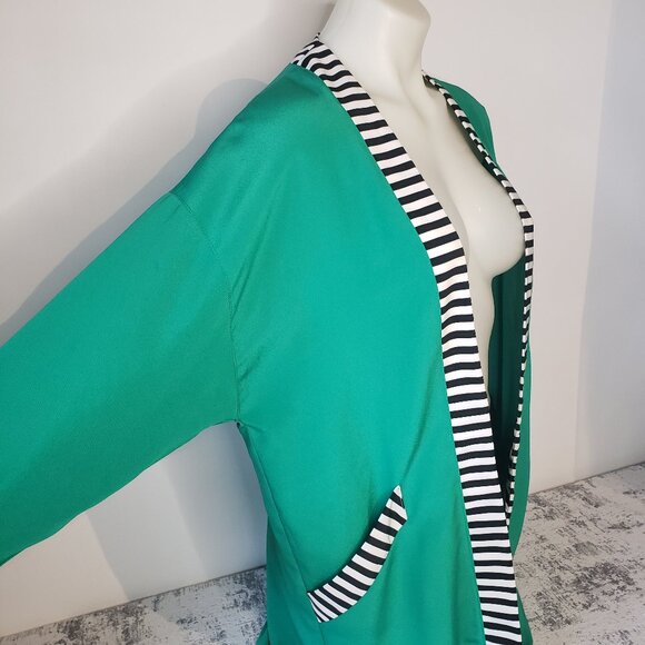 Lux Vintage PODIUM Paris Sheer Deep Green w Black + White Strip Trim Robe - Picture 2 of 12
